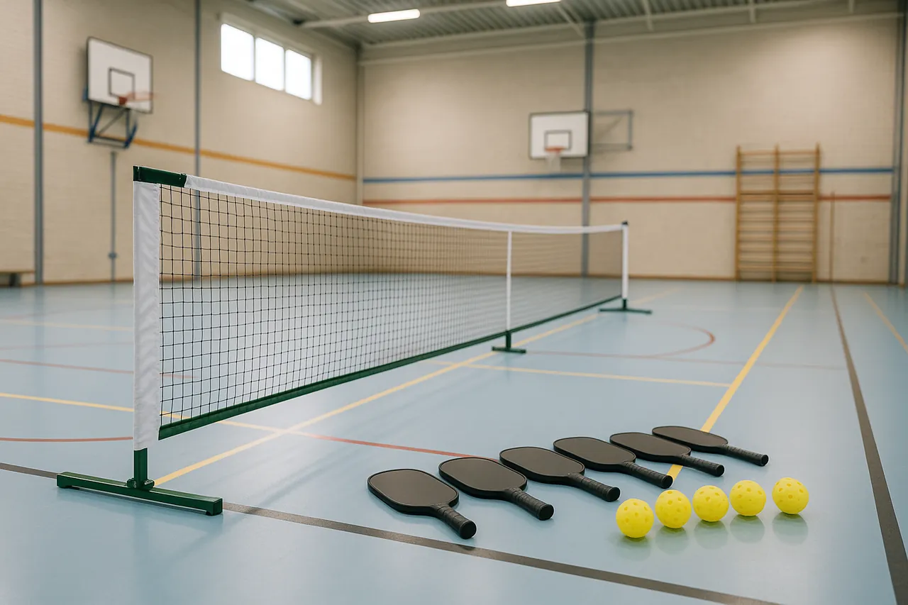 Draagbaar pickleballnet met paddles en ballen in een sporthal