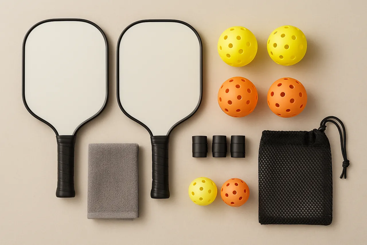 Pickleballpaddles, indoor- en outdoorballen, grips, handdoek en nettas